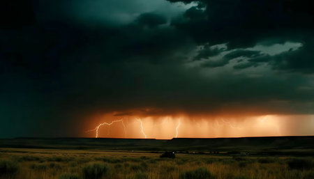 Dramatic lightning illuminates a dark stormy night over flatlands.の写真素材