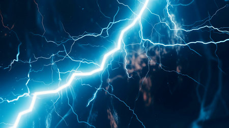 Image of a vibrant blue lightning bolt against a dark backgroundの写真素材