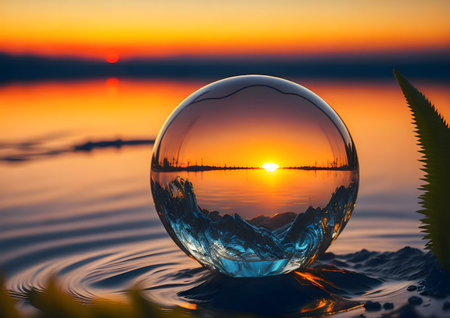 A crystal ball reflects a vibrant sunset over a tranquil lake, capturing the essence of peace and natural beauty.の写真素材