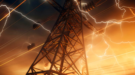 A powerful image of a tall electrical tower during a dramatic thunderstorm with intense lightning strikes.の写真素材