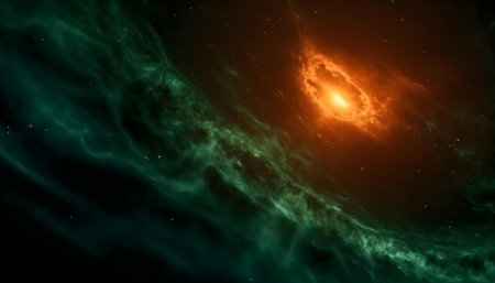 A vibrant nebula swirls with hues of emerald and amber. A cosmic spectacle of light and darkness.