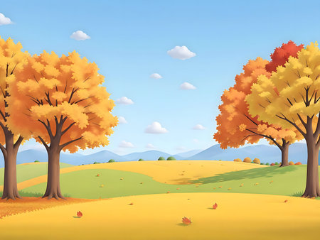 Serene autumn landscape with vibrant trees and golden hills.の写真素材