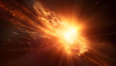 A vibrant cosmic explosion, showcasing a fiery nebula and intense stellar energy.の写真素材