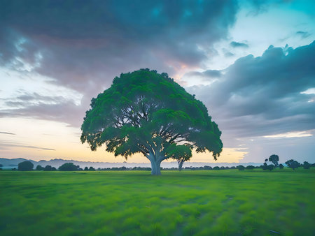 A large tree stands alone in a lush green field at sunset. The sky is filled with dramatic clouds.の写真素材