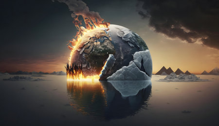 A burning, icy Earth reflects in dark water. A symbol of climate crisisの写真素材