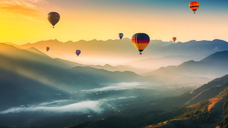 Hot air balloons soaring over a misty mountain range at sunrise.の写真素材