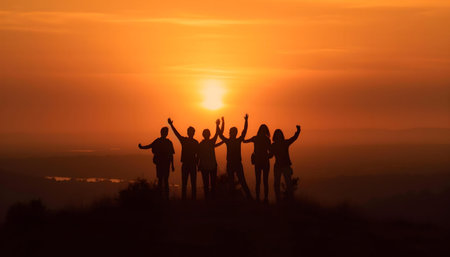 Silhouetted friends celebrate on a hilltop at sunset. A feeling of joy and accomplishment