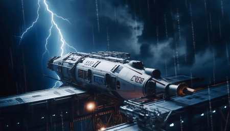 A spaceship during a fierce storm. Lightning strikes across the sky.