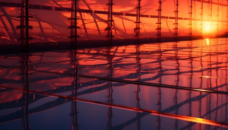 Stunning sunset reflected on a glass floor, creating a mesmerizing architectural scene.の写真素材