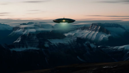 A UFO hovers over a stunning mountain range at dusk. The scene is eerie and beautiful.の写真素材