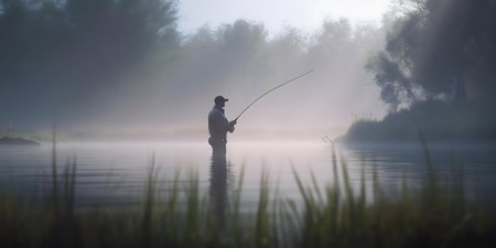 A lone fisherman stands in a misty river at dawn. Serenity and peace.の写真素材