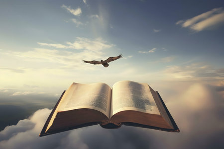 An open book floats above clouds, an eagle soars, symbolizing spiritual journey and faith.の写真素材