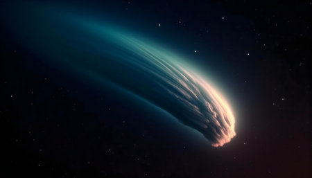 A mesmerizing comet tail stretches across the dark expansion of space, glowing with ethereal light.