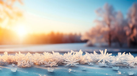 Stunning sunrise illuminating delicate frost crystals on a frosty winter morning.の写真素材