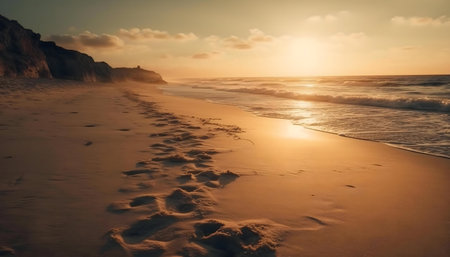 Golden sunset reflecting on the ocean, footprints on the sand. Peaceful beach sceneの写真素材