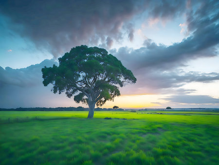 A single tree stands majestically in a vibrant green field, as the sun sets casting a warm glowの写真素材
