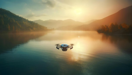Drone over calm lake at sunrise, misty mountains reflecting in the water.の写真素材