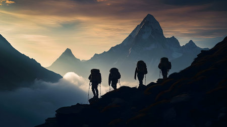 Silhouetted hikers ascend a mountain trail at sunrise, with a breathtaking Himalayan vista.の写真素材