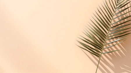 Single palm leaf casts shadow on peach backdrop. Minimalist summer vibe.の写真素材