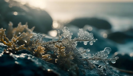 Sunrise illuminates glistening seaweed clinging to coastal rocks.の写真素材