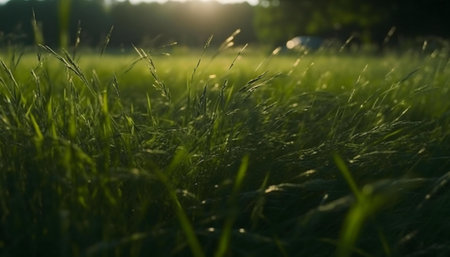 Close-up of sunlit green grass. Peaceful nature scene.の写真素材