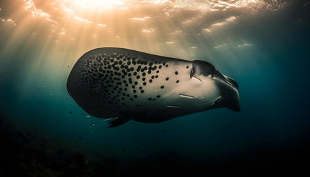 A spotted manta ray gracefully swims in the sunlit ocean depths.の写真素材