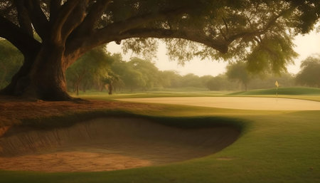 A tranquil golf course bathed in the golden light of sunrise.の写真素材