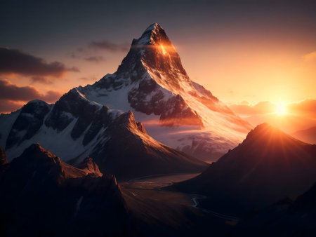 Stunning sunset illuminates a snow-capped mountain peak.の写真素材