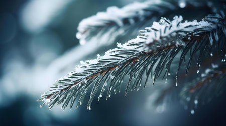 Close-up of a snow-covered pine branch. Winter wonderland.