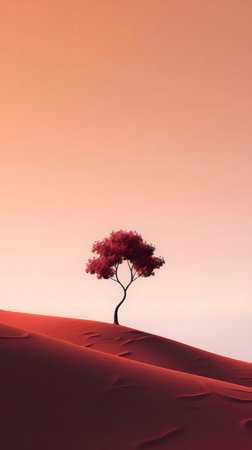 A single crimson tree stands on a scarlet dune under a warm sunset sky. Minimalist serene view.の写真素材