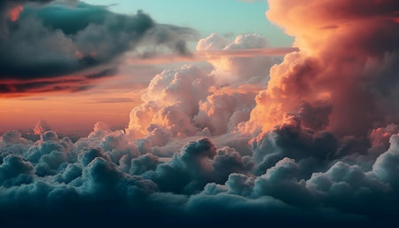 Stunning aerial view of vibrant sunset clouds. Dramatic colors paint the sky.