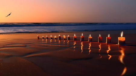 Lit candles line a beach at sunset, creating a serene and peaceful atmosphere.の写真素材