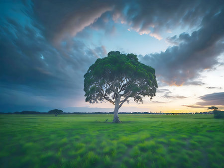 A single tree stands in a vast green field, under a dramatic sunset sky. Peaceful and serene.の写真素材