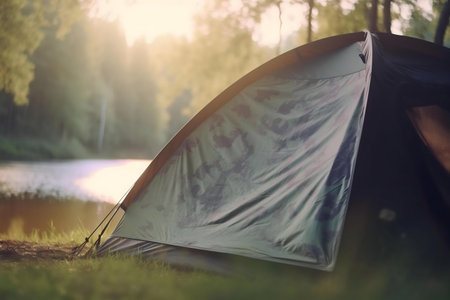 A dark green camping tent pitched near a calm lake at sunset. Serene nature scene.の写真素材