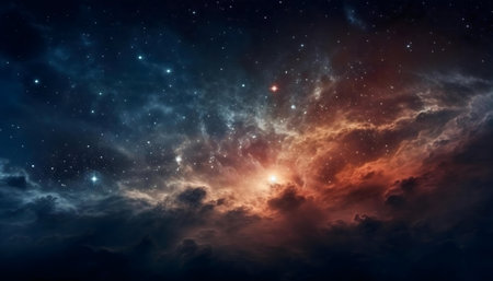 A breathtaking cosmic nebula, vibrant colors, stars, and interstellar clouds. Explore the universe's wonders.の写真素材