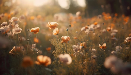 A breathtaking sunset illuminates a field of delicate orange poppies. Peaceful and serene.
