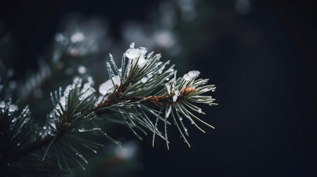 Close-up of a pine branch covered in ice and snow.の写真素材
