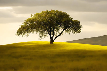 A single tree stands on a golden hill under a cloudy sky. Serene and peaceful landscape.の写真素材