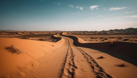 A tranquil desert scene with a winding road cutting through the orange sand dunes under a vast blue sky.の写真素材
