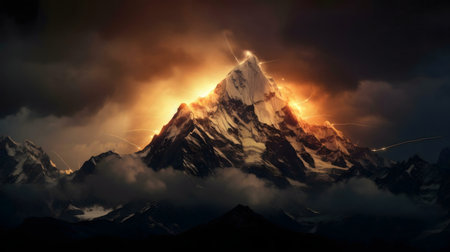 A breathtaking mountain peak glows with ethereal light amidst dramatic clouds.の写真素材