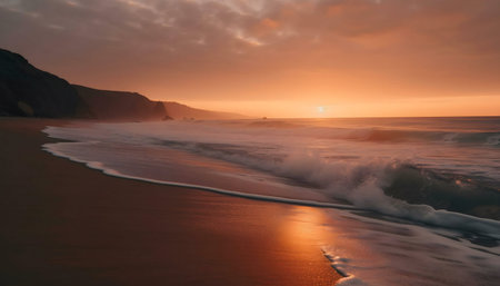 Stunning sunset over a tranquil beach. Waves gently crash on the sandy shore, creating a peaceful atmosphere.の写真素材