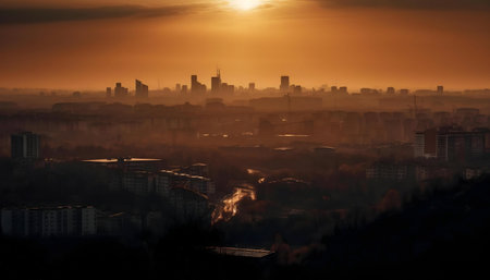 Stunning sunset over a hazy city. Golden light bathes the urban landscape.の写真素材
