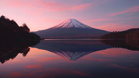 Stunning sunrise reflection of Mount Fuji on a calm lake.の写真素材