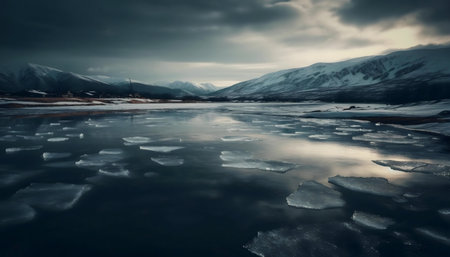 Icy lake reflecting snowy mountains under a cloudy sky. Calm winter scene.の写真素材