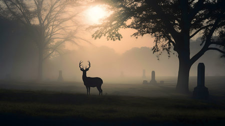 A majestic buck stands in a misty cemetery at sunrise. Peaceful and serene.の写真素材
