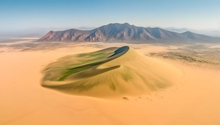 Stunning aerial shot of a giant sand dune against the backdrop of mountains in Namibia's breathtaking landscapeの写真素材