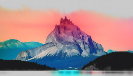 A stunning sunrise paints the sky with vibrant pink and blue hues, illuminating a majestic mountain...