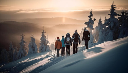 Family snowshoeing in snowy mountains at sunset. A winter wonderland adventure.