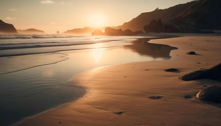 Golden sunset over a tranquil beach. Peaceful waves, warm colors, and serene atmosphere.の写真素材