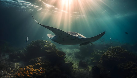 A manta ray gracefully swims through a sunlit coral reef.の写真素材